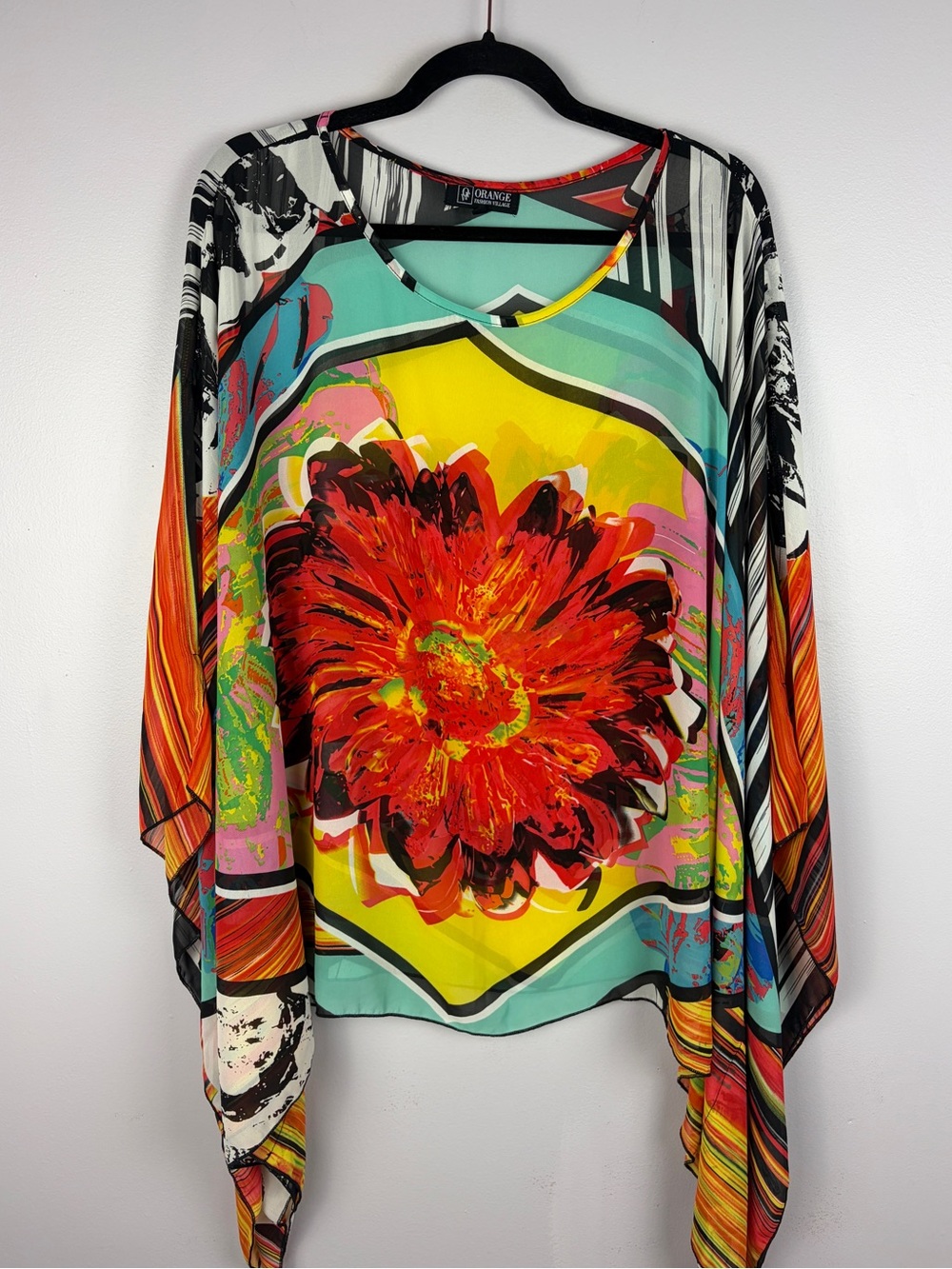 Orange Fashion Village Abstract Floral Poncho Tunic Top One Size